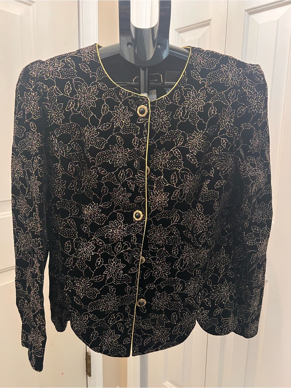 Vintage 80s R&K Evening Black Floral-Embroidered Jacket with Gold Piping Sz 8